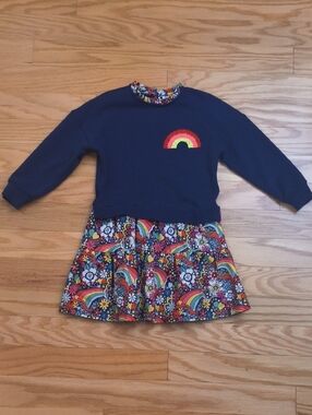 Mini Boden Navy Sweatshirt Dress w/ Rainbow Floral Trim  Size 6-7 EUC